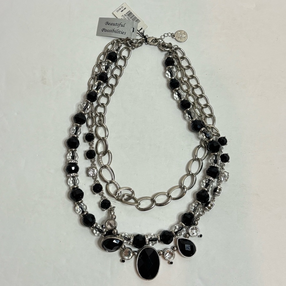NWT WHBM Black Clear Crystal Beaded Chain Multi Strand Necklace